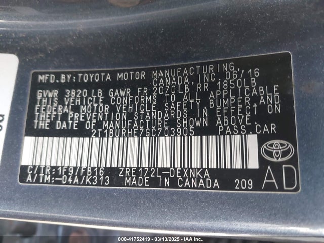 2T1BURHE7GC703905 Toyota COROLLA LE