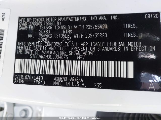 5TDFARAH3LS004075 Toyota Highlander Hybrid Platinum