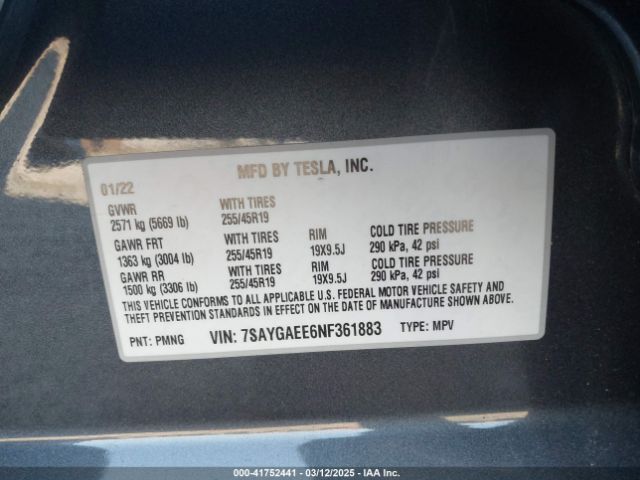 7SAYGAEE6NF361883 Tesla Model Y Long Range Dual Motor All-wheel Drive