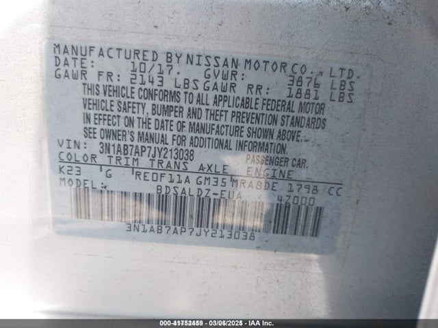 3N1AB7AP7JY213038 Nissan SENTRA SV