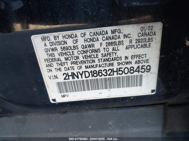 41752463 :رقم المزاد ، 2HNYD18632H508459 vin ، 2002 Acura Mdx مزاد بيع