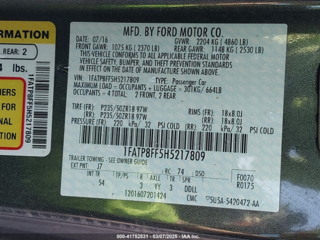 1FATP8FF5H5217809 Ford Mustang Gt Premium