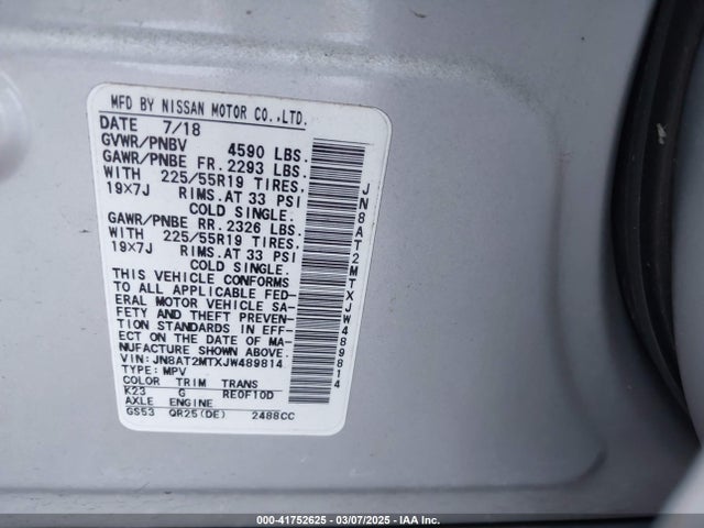 JN8AT2MTXJW489814 Nissan Rogue Sl