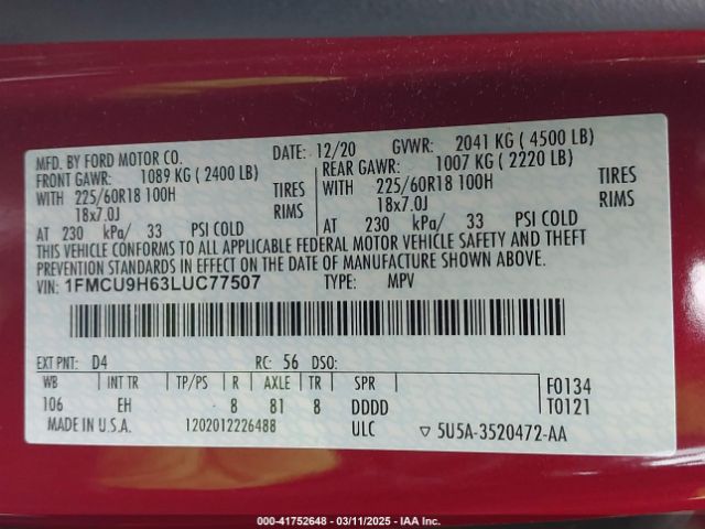 2020 FORD ESCAPE 1FMCU9H63LUC77507 Photo 8