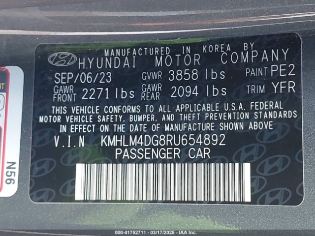 KMHLM4DG8RU654892 Hyundai ELANTRA SEL