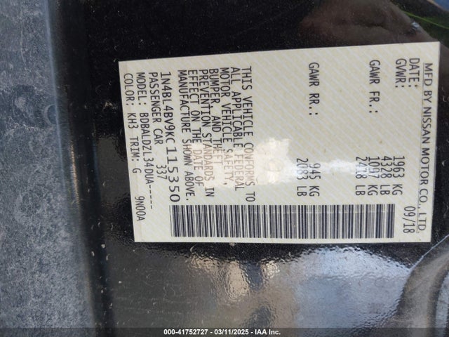 Nissan Altima 2.5 S 2019 1N4BL4BV9KC115350 Image 9