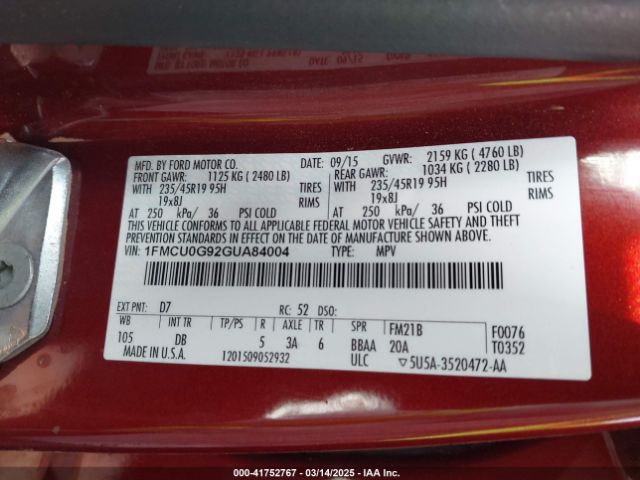 1FMCU0G92GUA84004 Ford ESCAPE SE