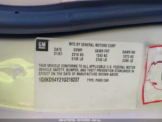 2001 CADILLAC DEVILLE 1G6KD54Y21U218237 Photo 8