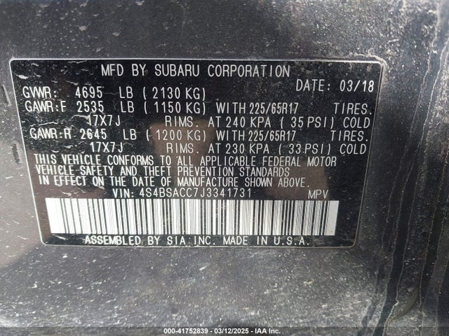 Subaru Outback 2.5i Premium 2018 4S4BSACC7J3341731 Image 9