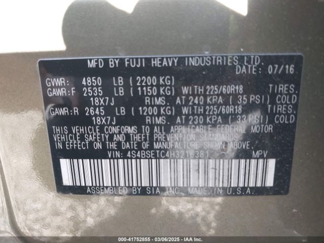 4S4BSETC4H3216381 Subaru Outback 3.6r Touring