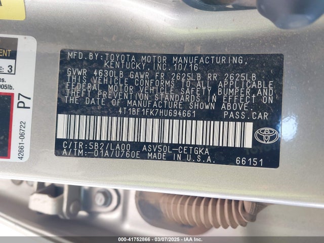 4T1BF1FK7HU694661 Toyota 2ar-fe