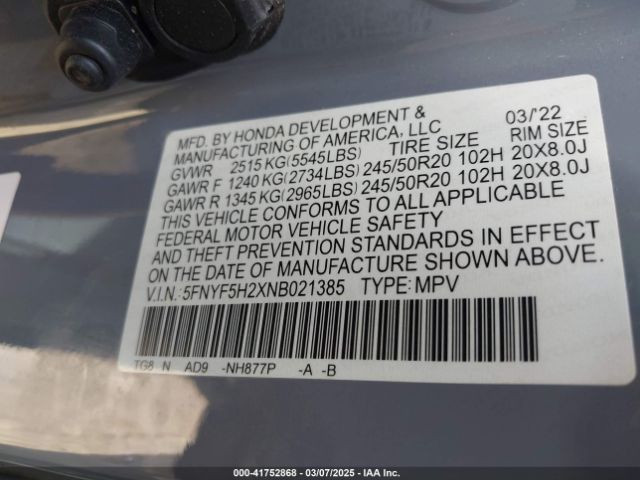 5FNYF5H2XNB021385 Honda Pilot 2wd Special Edition
