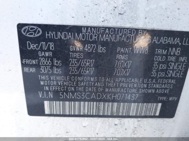 5NMS3CADXKH071437 Hyundai Santa Fe Sel
