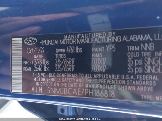5NMJBCAE7PH186818 Hyundai TUCSON SEL
