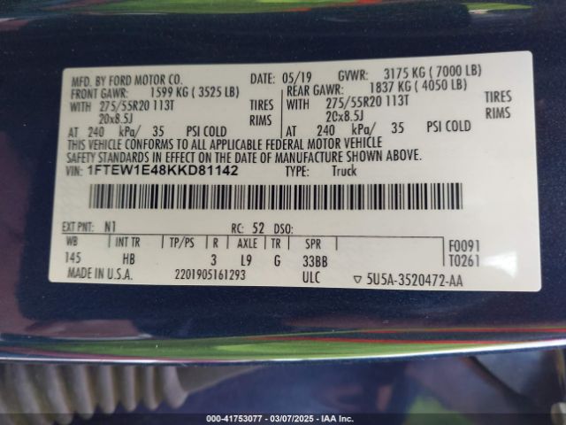 1FTEW1E48KKD81142 Ford F-150 Lariat