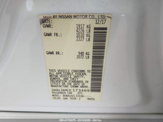 1N4AL3AP6JC173469 Nissan Altima 2.5 Sr