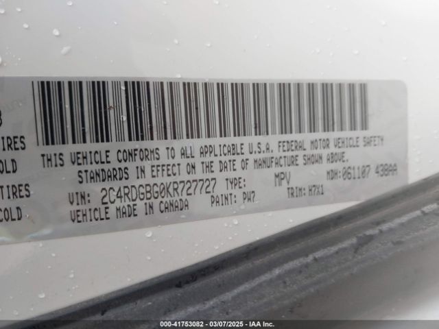 2C4RDGBG0KR727727 Dodge Grand Caravan Se