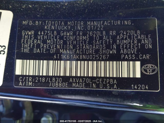 4T1K61AK8NU025267 Toyota CAMRY XSE