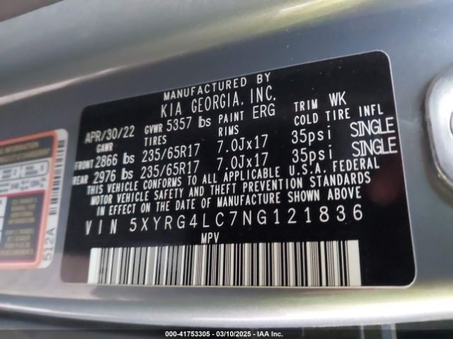 5XYRG4LC7NG121836 KIA SORENTO LX