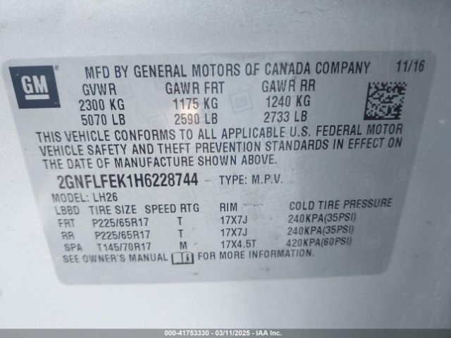 2GNFLFEK1H6228744 Chevrolet EQUINOX LT