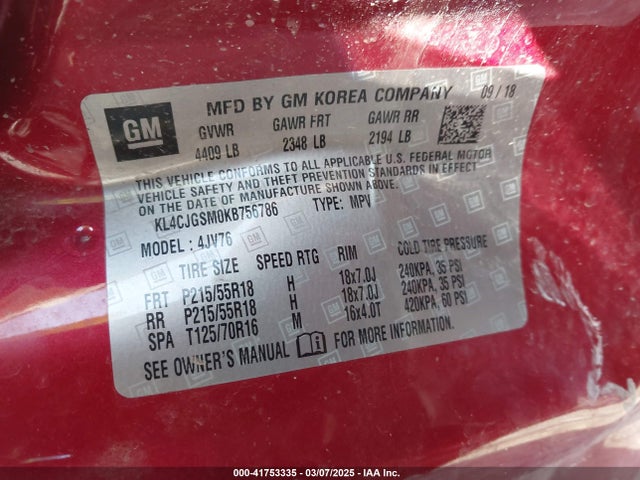 41753335 :رقم المزاد ، KL4CJGSM0KB756786 vin ، 2019 Buick Encore Awd Essence مزاد بيع