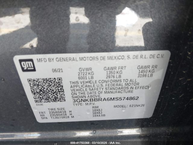 3GNKBBRA6MS574862 Chevrolet Blazer Fwd 1lt
