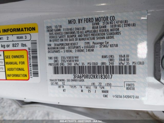 3FA6P0RU2KR183017 Ford Fusion Hybrid Titanium
