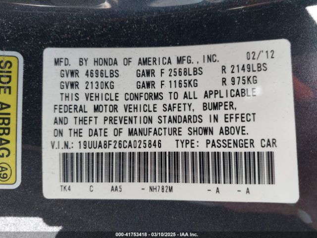 2012 ACURA TL 19UUA8F26CA025846 Photo 8