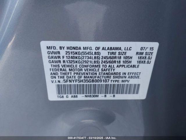 5FNYF5H35GB009107 Honda Pilot Ex