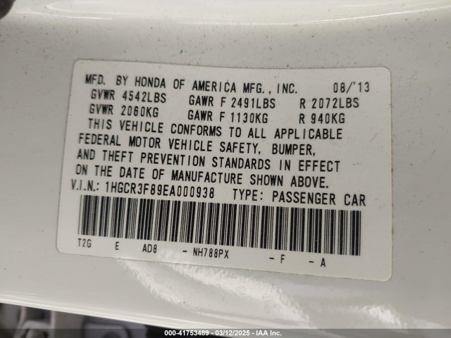 1HGCR3F89EA000938 Honda Accord Ex-l V-6