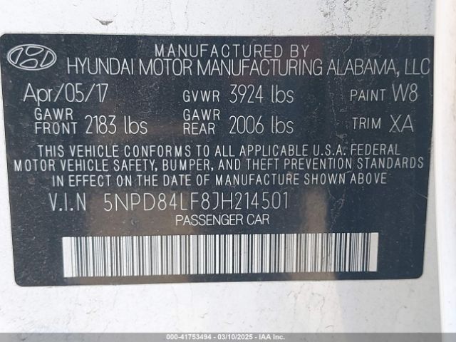 5NPD84LF8JH214501 Hyundai ELANTRA SEL