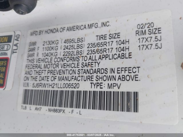 5J6RW1H21LL006520 Honda Cr-v 2wd Lx