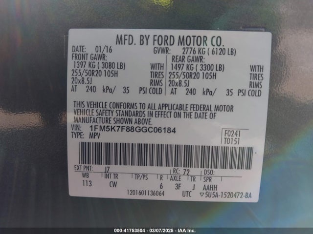 1FM5K7F88GGC06184 Ford Explorer Limited