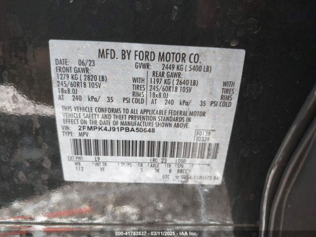 2FMPK4J91PBA50648 Ford EDGE SEL