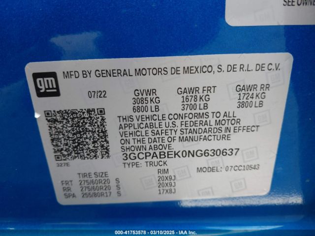 3GCPABEK0NG630637 Chevrolet Silverado 1500 2wd  Short Bed Custom