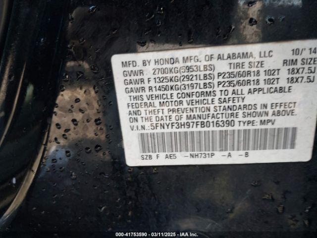5FNYF3H97FB016390 Honda Pilot Touring