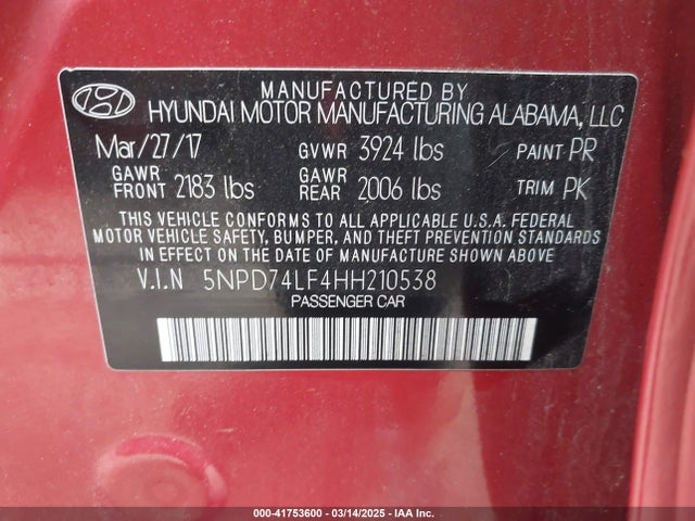 5NPD74LF4HH210538 Hyundai ELANTRA SE
