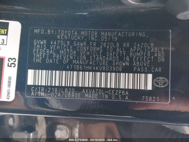 4T1B61HK4KU803906 Toyota CAMRY XSE