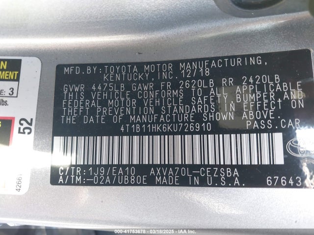 Toyota CAMRY SE 2019 4T1B11HK6KU726910 Image 9