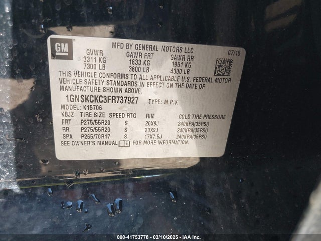 1GNSKCKC3FR737927 Chevrolet Tahoe Ltz