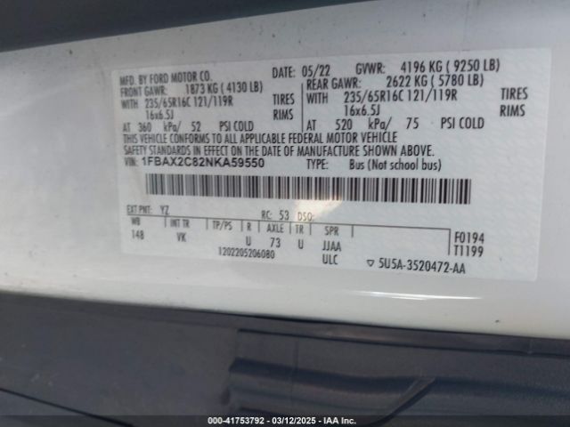 1FBAX2C82NKA59550 Ford Transit-350 Passenger Van Xl