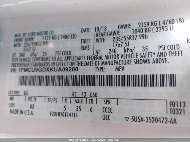 1FMCU9GDXKUA09200 Ford ESCAPE SE
