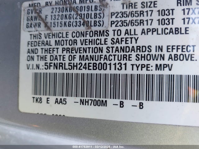 5FNRL5H24EB001131 Honda ODYSSEY LX