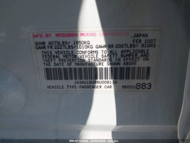 2008 MITSUBISHI LANCER JA3AU16U88U008116 Photo 8