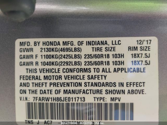 7FARW1H86JE011713 Honda Cr-v Ex-l/ex-l Navi