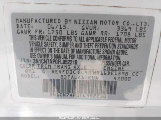 3N1CN7AP0FL952210 Nissan Versa 1.6 S