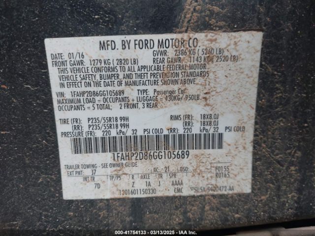 1FAHP2D86GG105689 Ford TAURUS SE