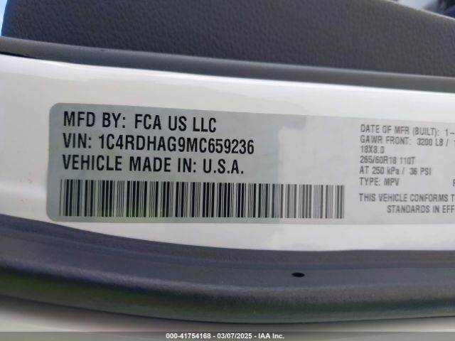 1C4RDHAG9MC659236 Dodge Durango Sxt Rwd