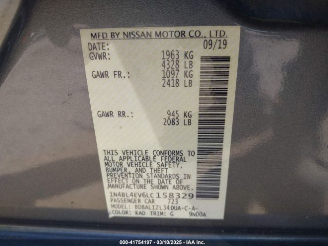 1N4BL4EV6LC158329 Nissan Altima Sl Fwd