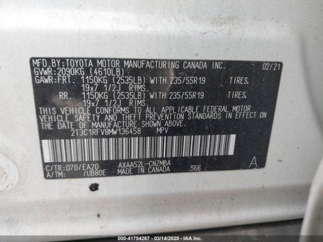 2T3C1RFV8MW136458 Toyota Rav4 Xle Premium